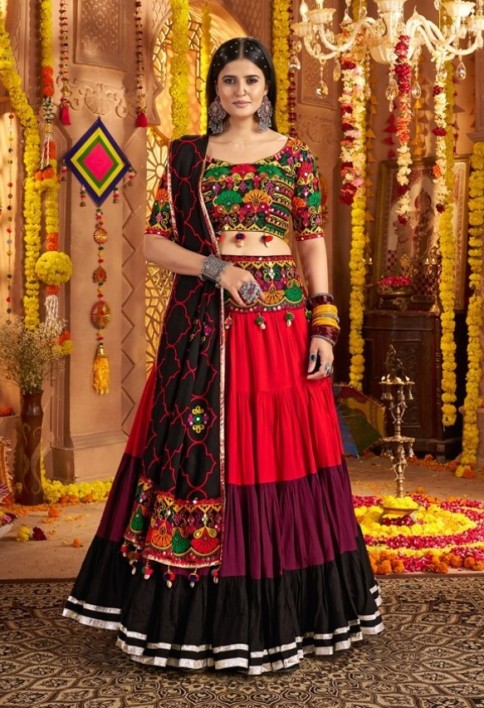 Delicate Red Mirror Work Navratri Wear Lehenga Choli With Dupatta